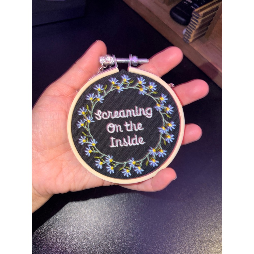 Screaming On The Inside Embroidery Hoop Art Floral Wreath 3 Inch Black Hot Topic